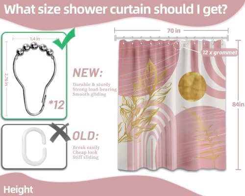 Light Pink and Gold Extra Long Shower Curtain, Tall 72X84 in