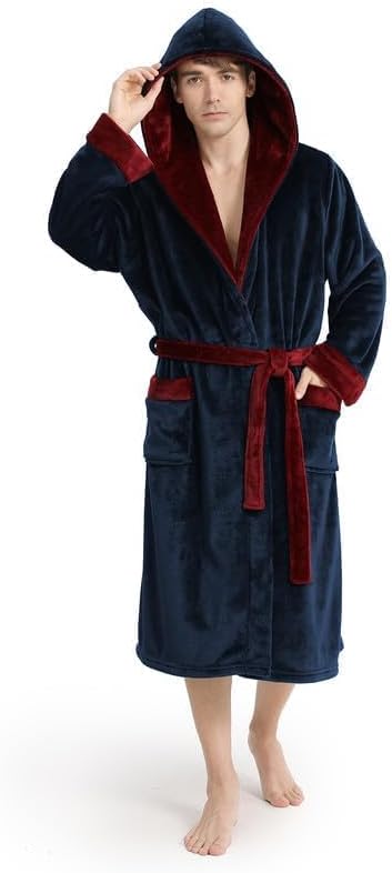 Yurhap Luxury Mens Robe with Hood, Ultra Cozy Fleece Bathrobe for Men, Plush Hooded Robe with Belt & 2 Pockets