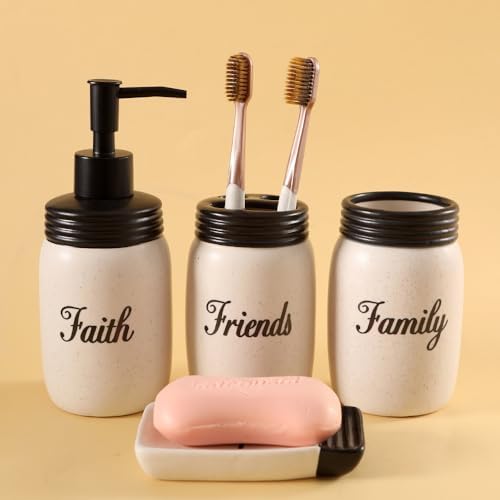 Mason jar Bathroom Accessories Set with Sweet Quote Ceramic Bathroom Tooth Brush Holder 4pc Set Farmhouse Bathroom Gift and Decor (Faith Family Friends)