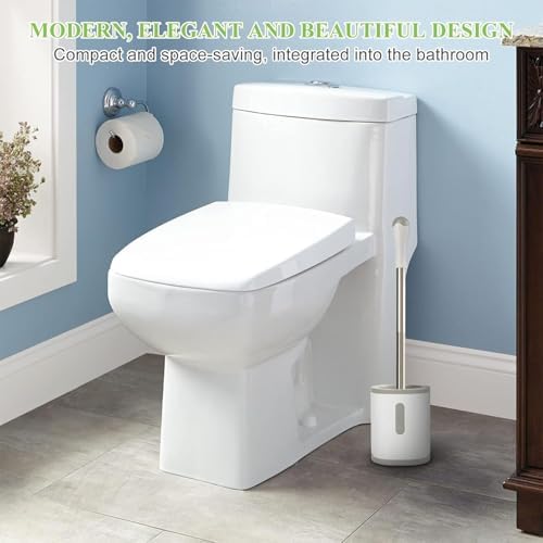 Toilet Brush and Holder Set, 3 Pack with Stainless Steel Handle Toilet Bowl Brush, Compact Toilet Scrubber Brush for Deep Cleaning Bathroom Restroom, Easy to Assemble White & Gray