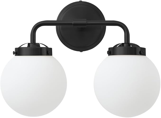 Bathroom Light Fixtures 14in 2-Light Matte Black Vanity Lights for Mirror | Dimmable Bathroom Lighting Fixtures over Mirror, ETL, E12 Base Max 60W, Modern Wall Sconce, Milky White Glass Ball Shades
