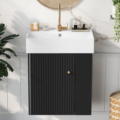 21.6 in Floating Bathroom Vanity with Sink,Soft Closing Doors,Solid Wood Frame & MDF Modern Single Small Black Bathroom Vanity Cabinet with Open Shelf,Wall Mounted