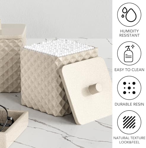 Bathroom Accessories Set Resin 6PCS, Square Toothbrush Holders Set Complete with Soap Dispenser, Vanity Tray, Tumbler, Cups and Cotton Swab Jars (Beige Diamond, Resin Bath 6 PCS)