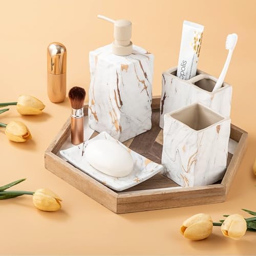 RQYIXI Ceramic Bathroom Accessories Set,Gold,4 Piece,Marble Design