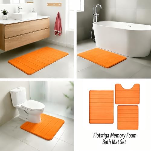 Memory Foam Bath Mat Set 3 Piece,Super Soft Absorbent Bathroom Rug Non Slip, Quick Dry,Machine Wash, Perfect Plush Bathroom Rugs,Home Decor Accessories,Orange