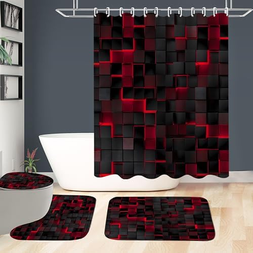 LQCOOL 4Pcs Shower Curtain Set with Rugs, Modern Bathroom Set Black Red