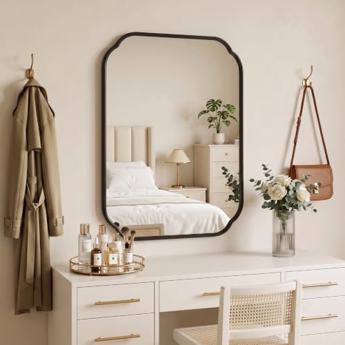 39"x29" Black Scalloped Mirror for Bathroom, Rust-Proof Metal Frame