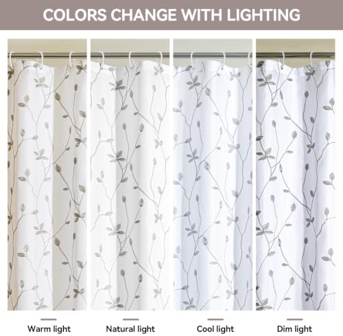 Embroidered Leaf Farmhouse Shower Curtain,Faux Linen,72Wx72L,White Grey