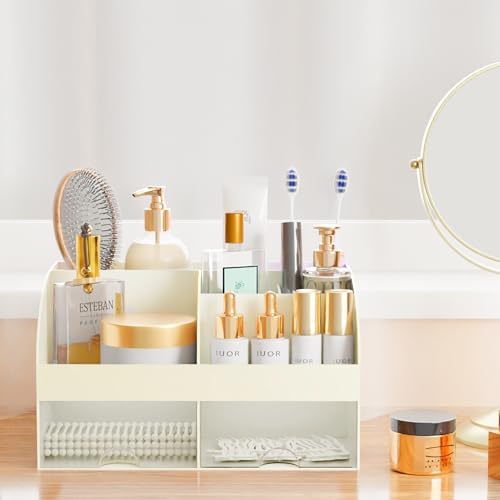 Makeup Organizer with Drawers, Cosmetic Storage for Dresser Vanity and Bathroom Countertop, Beauty Holder for Lipstick Brush, Skincare Organizer for Vanity, Cosmetic Display Case (Ivory)