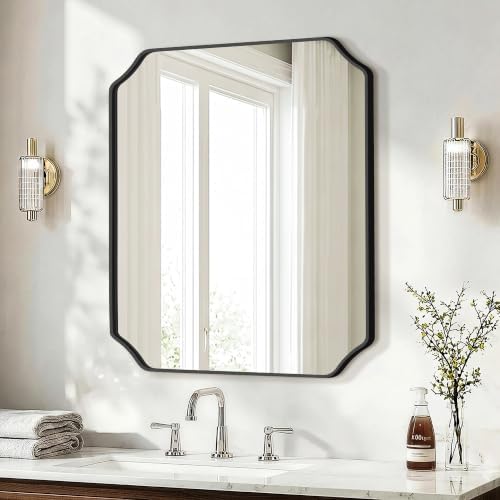 Delma Bathroom Vanity Mirror, Black Framed Aluminum Bathroom Mirror for Over Sink, Scalloped Round Corner Wall Mirror, High-Definition Vanity Mirror, Hangs Horizontally or Vertically (30x24,Black)