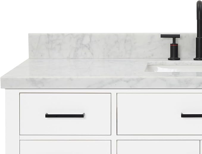 DKB Isabella 54" White Single Bathroom Vanity with Sink, 1.5" Italian Carrara Marble Countertop, Rectangular Undermount Sink, 2 Soft Closing Doors, 8 Dovetail Drawers, 1 Tilt Drawer