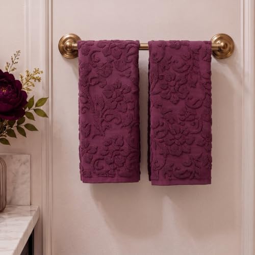 SmoothNovelty 2 Pcs Burgundy Red Floral Jacquard Hand Towels for Bathroom
