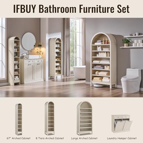 IFBUY 71" Tall Arched Bathroom Storage Cabinet, 8-Tier Modern Farmhouse Storage Cabinet with Adjustable Shelves, Wood Freestanding Cabinet for Bathroom, Living Room, Entryway, Hallway (Cream)