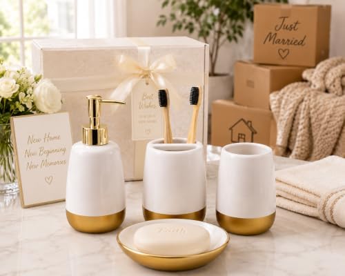 4-Piece Ceramic Bathroom Accessories Set, White and Gold Bathroom Set with Soap Dispenser, Toothbrush Holder, Tumbler and Soap Dish, Modern Vanity Countertop Decor