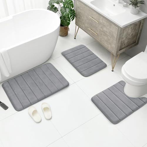 BYSURE Grey Memory Foam Bathroom Rug Set 3 Piece, Non Slip Extra Soft Absorbent Bath Mats, Machine Washable & Dry Toilet Mat Sets for Bathroom Floor