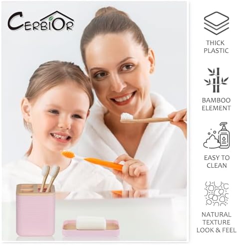 CERBIOR Bamboo Bathroom Accessory Set with Shower Curtain,Pink,20PCS