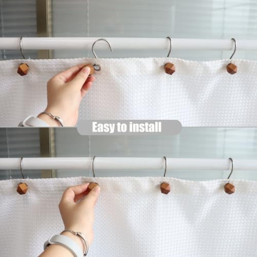 Decorative Shower Curtain Hooks, Wood Shower Curtain Rings, Modern Polygon Wood Shower Curtain Hangers, 12PCS Shower Hooks for Shower Curtain Rod, Bathroom, Bedroom, Living Room (Silvery)