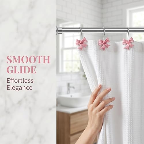 Bow Knot Decorative Shower Curtain Hooks, 12pcs Pink Cute Art Deco Resin Rust Resistant Hooks Glide Shower Ring Hangs Holder Bling for Girl Bathroom Baby Room Nursery