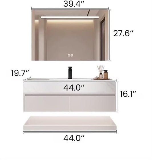 44" Modern Bathroom Vanity Set with LED Mirror, Seamless Design with Ceramic Sink & Quartz Countertop, Paint-Free Multi-Layer Solid Wood Cabinet, Soft-Close Doors, White