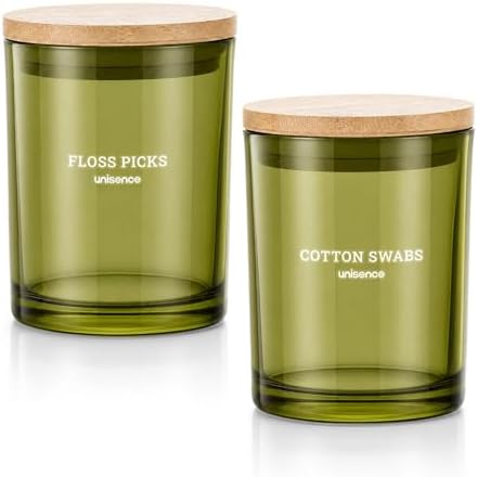 2 Pack Glass Qtip Holder Dispenser Set - Q Tip Holder for Bathroom Canister Qtip Dispenser with Lid for Cotton Balls, Swabs, Floss Picks, and Makeup Sponges ,Olive Green,Large Capacity