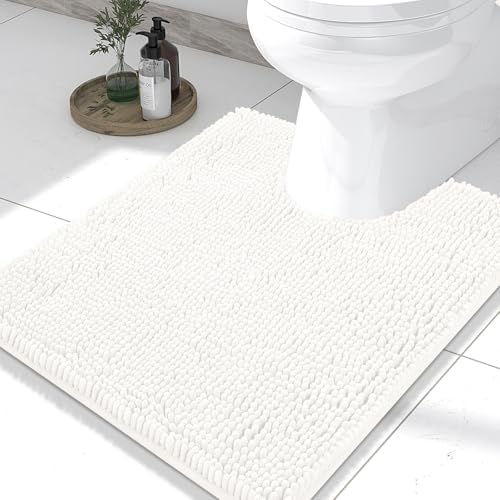 Smiry Luxury Chenille Toilet Rugs U-Shaped 20x20, Soft Absorbent Non-Slip Contour Bathroom Rugs for Toilet, Machine Washable Contoured Bath Mats, Ivory