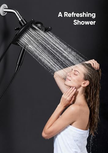 Shower Head with Handheld High Pressure, Rain Shower Head with Fixed Showerhead and 9 Sprays Handheld Shower, Detachable 2-IN-1 Shower head with 59" Rotatable Stainless Steel Hose (Black)