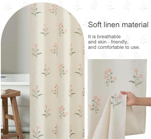 ORTIGIA Linen Shower Curtain 72 W x 84 L Farmhouse Vintage Pink Green Floral Shower Curtains Boho Rustic Block Print Cottagecore Decor for Bathroom