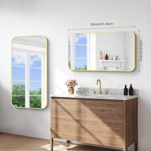 BONEWEI Gold Bathroom Mirror,20x36 inch Wall Mirror for Bathroom Wall Mounted,Round Rectangle Mirror for Bathroom Over Sink,Modern Frame for Home Decor Living Room,Bedroom Entryway,Horizontal/Vertical