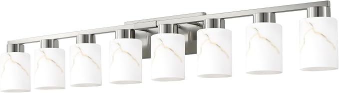 8-Light Bathroom Light Fixtures, Modern Vanity Lights, Brushed Nickel Metal Wall Lamp with White Marble Glass for Bathroom, Mirror, Living Room, Bedroom, Cabinet, Porch, Hallway, E26 Base
