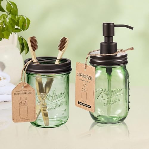 Amolliar Mason Jar Bathroom Accessories Set, 4 Pcs Green Glass Bathroom Set