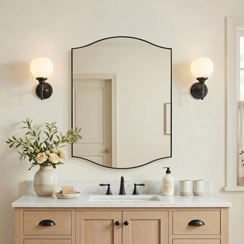 ANDY STAR Scalloped Bathroom Mirror,24"x32" Black Rectangle Wall Mirror with Curved Edge Stainless Steel Metal Frame, Irregular Vanity Wall-Mounted Mirror for Bathroom, Entryway
