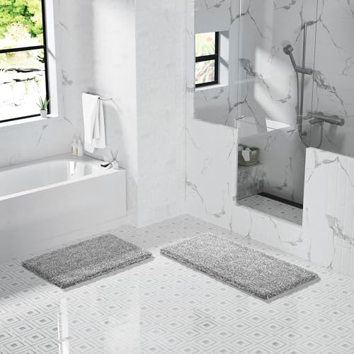 Yimobra Luxury Bathroom Rugs, Fluffy Bath Mats, Non Slip, Water Absorbent Microfiber, Machine Washable, Plush Carpet Shower Rugs, Thick Matts for Bathroom Floor&Tub, 44" X 24", Light Gray and White