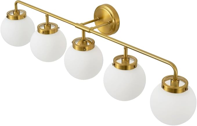 Bathroom Light Fixtures 39in 5-Light Brushed Gold Vanity Light for Mirror | Bathroom Lighting Fixtures over Mirror, ETL, Brushed Brass Wall Sconce, Dimmable E12 Base Max 60W, Milky Glass Ball Shades