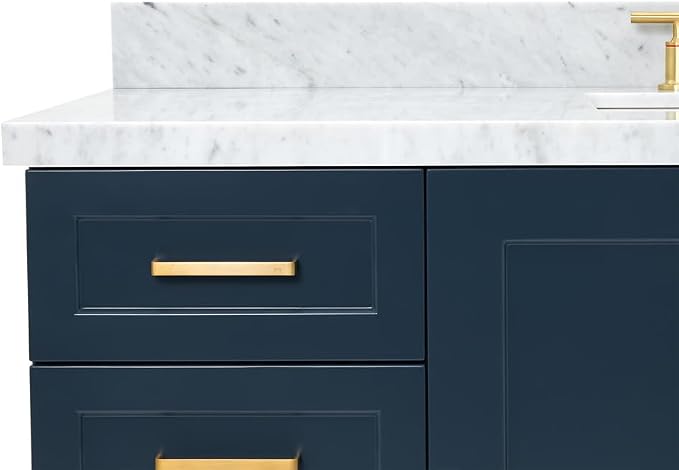 Emilia 60 Inch Bathroom Vanity Single Sink — Midnight Blue Bathroom Vanity with Sink, 1.5" Edge Italian Carrara Marble Countertop, Solid Wood, 2 Soft-Close Doors, 9 Dovetail Drawers