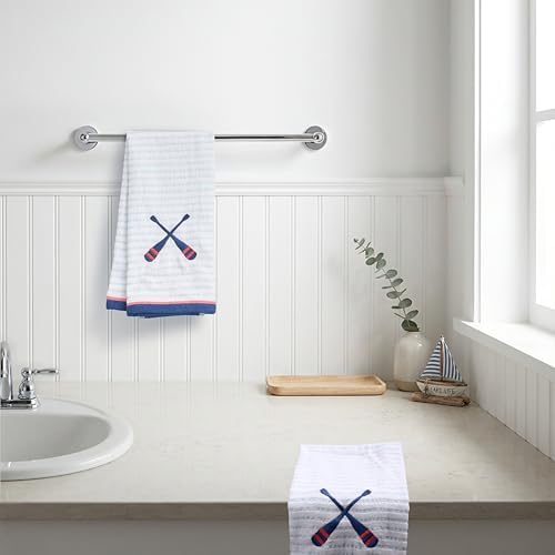 Ritz 2-Piece Cotton Velour Bathroom Hand Towel Set, Embroidered Criss Cross Oars, Light Blue Pinstripe Decorative Towels for Lake House, Cabin, Coastal Decor, 16” x 26”