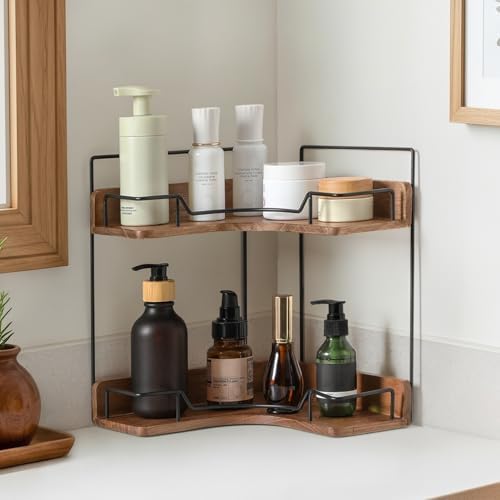 2-Tier Bathroom Counter Organizer, Wooden Corner Shelf for Vanity Countertop Skincare & Makeup, Storage and Organization for Kitchen