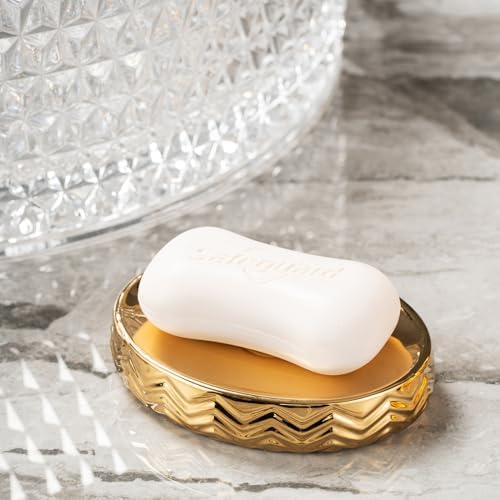 Gold Bathroom Accessories 3pcs Stylish Bathroom Accessories Set Gold Soap Dispenser Pump, Tumbler and Soap Dish Modern Decor Wavy Design Ceramic Bathroom Accessory Set