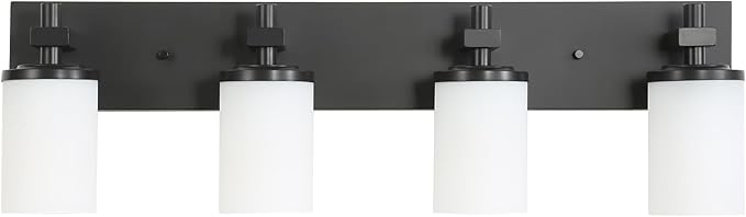 LOUSACE Bathroom Lighting Fixtures Over Mirror 4 Light Bathroom Vanity Lights Matte Black, Wall Vanity Lighting Fixture with Opal White Glass Shades for Vanity Cabinet