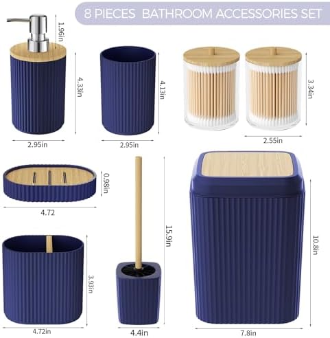 Bathroom Accessories Set - Unbreakable Navy Blue Bathroom Set, Trash Can, Toilet Brush with Holder, Soap Dispenser, Toothbrush and Toothpaste Holder, Tumbler Cup, Soap Dish, Qtip Holder, Bamboo Decor
