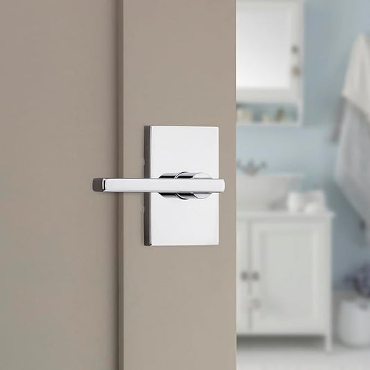 Kwikset Halifax Interior Privacy Door Handle with Lock, Door Lever for Bathroom and Bedroom, Polished Chrome Reversible Keyless Push Button Lock Door Lever