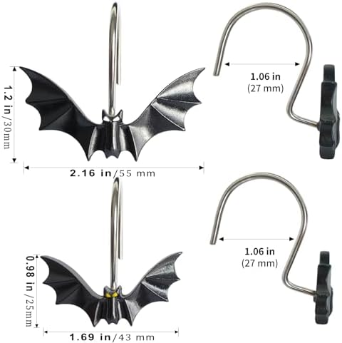 CHICTIE Halloween Shower Curtain Hooks, Cute Bat Decorative Shower Rings for Shower Curtains Rods,Set of 12 Black Shower Hooks Hangers Rust-Resistant Babys Girls Room Bathroom