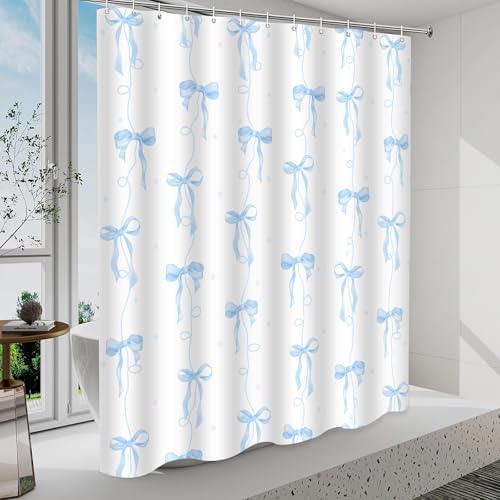 Blue Bow Shower Curtain for Bathroom Decor, Teen Girls Theme, 72x72In