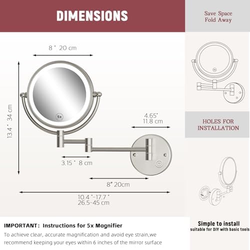 Wall Mounted Lighted Makeup Mirror, 1/5X Magnifying, Brass Brushed Nickel