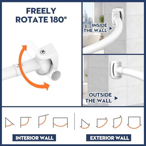 White Curved Shower Curtain Rod 33-78 Inches Adjustable Splicing Design Shower Rods Curved Round Bowed Rust proof, Premium Stainless Steel Need To Drill Shower Curtain Rod for Bathroom, Bathtub, Stall