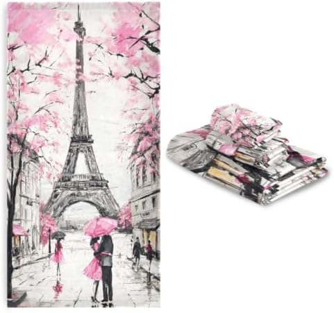 Naanle Stylish Romantic Street View of Paris Eiffel Tower Soft Luxury Decorative 3 Pieces Set Towels, 1 Bath Towel+1 Hand Towel+1 Washcloth, Multipurpose for Bathroom, Hotel, Gym, Spa and Beach