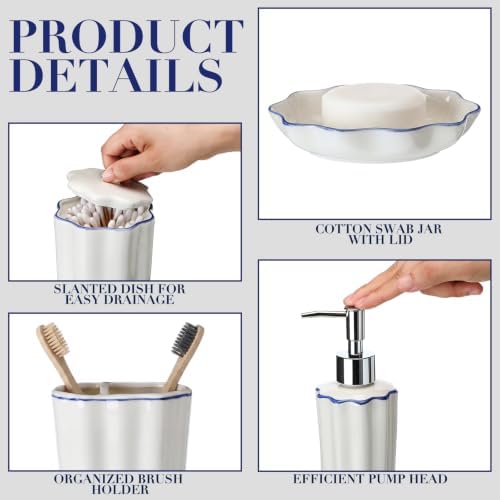 Zhehao 4 Pcs Scalloped Ceramic Bathroom Accessories Set,8.5 Inch, Blue