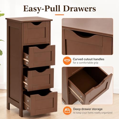 VINGLI 4-Drawer Bathroom Storage Cabinet, Slim Freestanding Floor Cabinet Organizer, 11.8" W x 11.8" D x 32.1" H, Narrow Linen Cabinet for Toiletries, Towels, Toilet Paper, Walnut Brown
