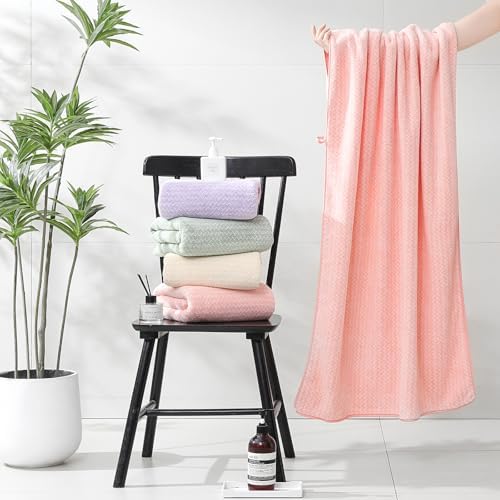 Ultra Soft Bath Towel Set,12 Piece (4 Bath Towels,4 Hand Towels,4 Washcloths) Family Bathroom Towel Set with Hanging Loops,Quick Dry Extra Absorbent Fluffy Shower Towel for Bathroom,Hotel,Spa-Pink