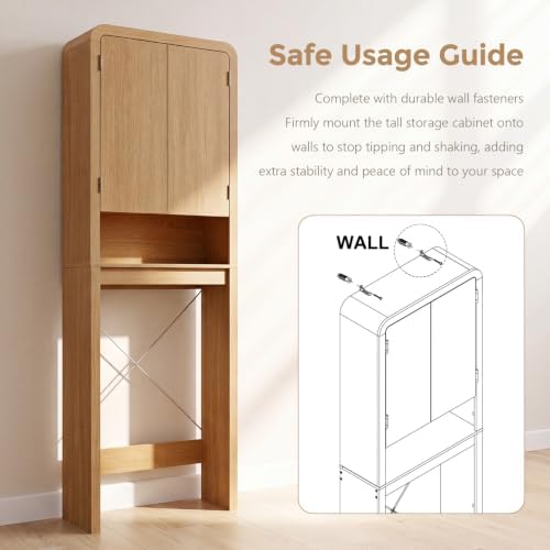 Over the Toilet Storage Cabinet, 69.69" Curved Bathroom Storage Organizer Cabinet with Doors and Adjustable Shelves, Wooden Free Standing Toilet Space Saver Rack, Natural