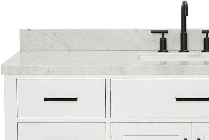 Isabella 60 Inch Bathroom Vanity Single Sink — White Bathroom Vanity with Sink, 1.5" Edge Italian Carrara Marble Countertop, Solid Wood, 2 Soft-Close Doors, 8 Dovetail Drawers + Tilt Drawer